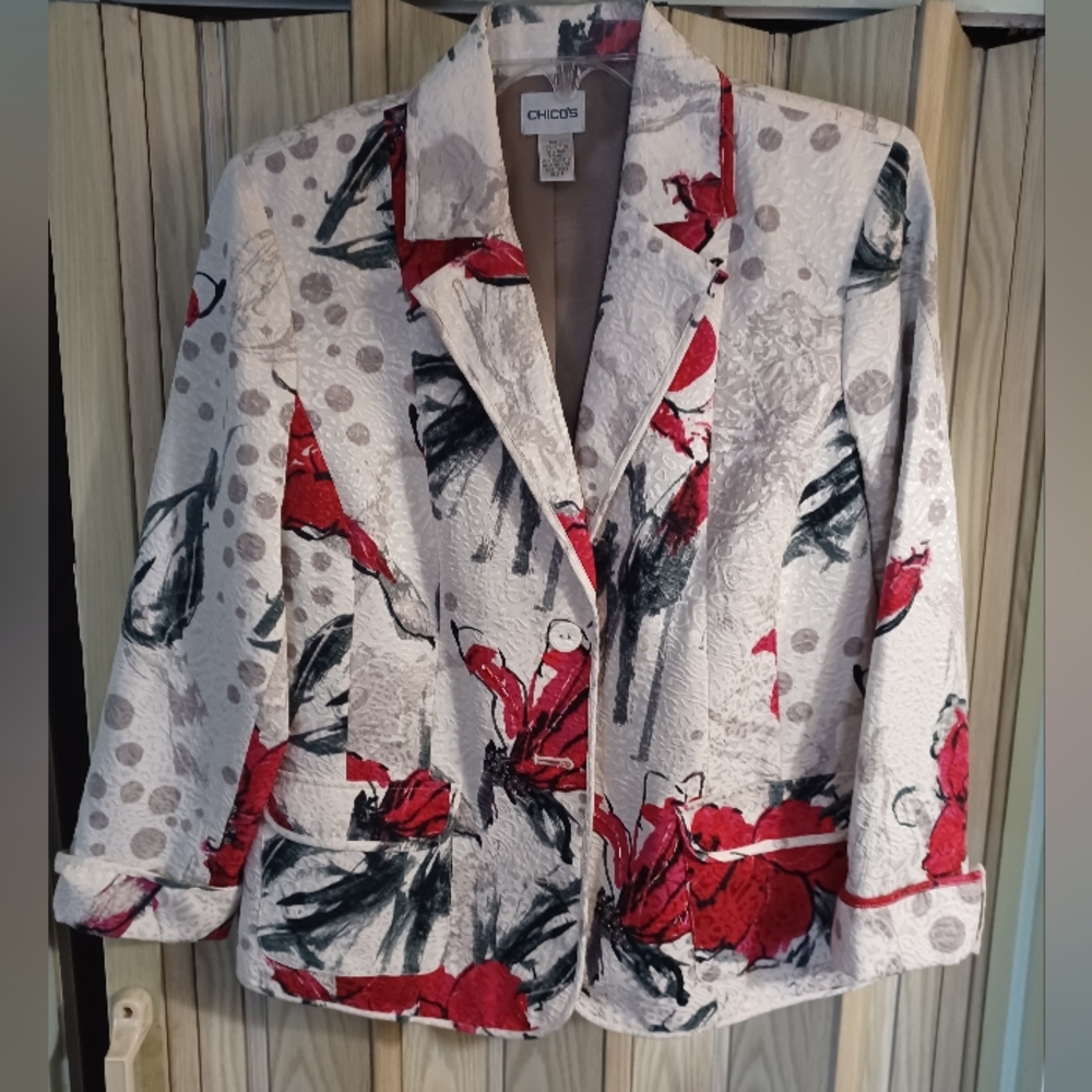 Chicos womens 1 Medium silk cotton blend ivory, red, grey jacket 3 button blazer